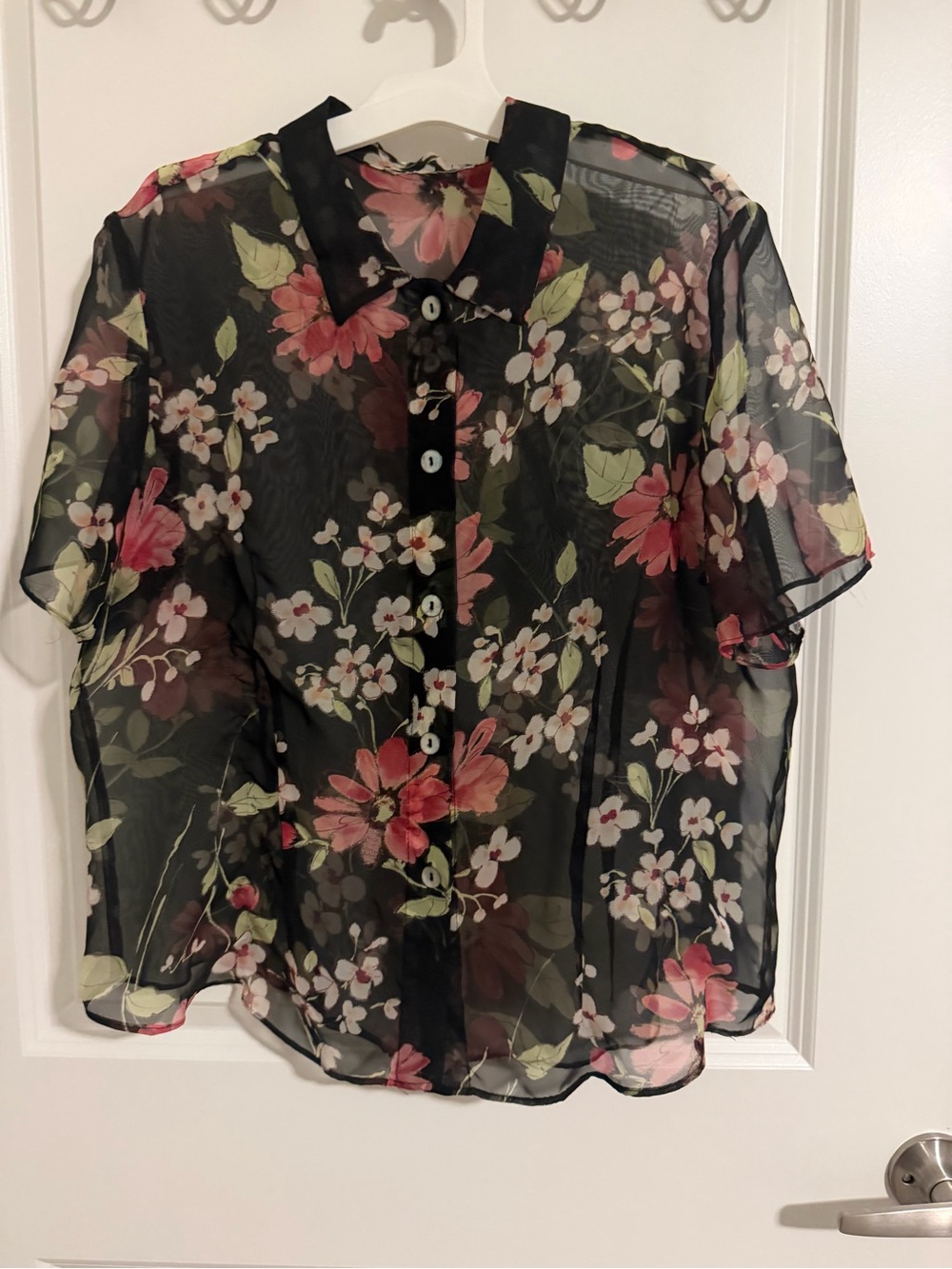 Vintage Floral Sheer Button-Up Top - Black with Pink & White Flowers